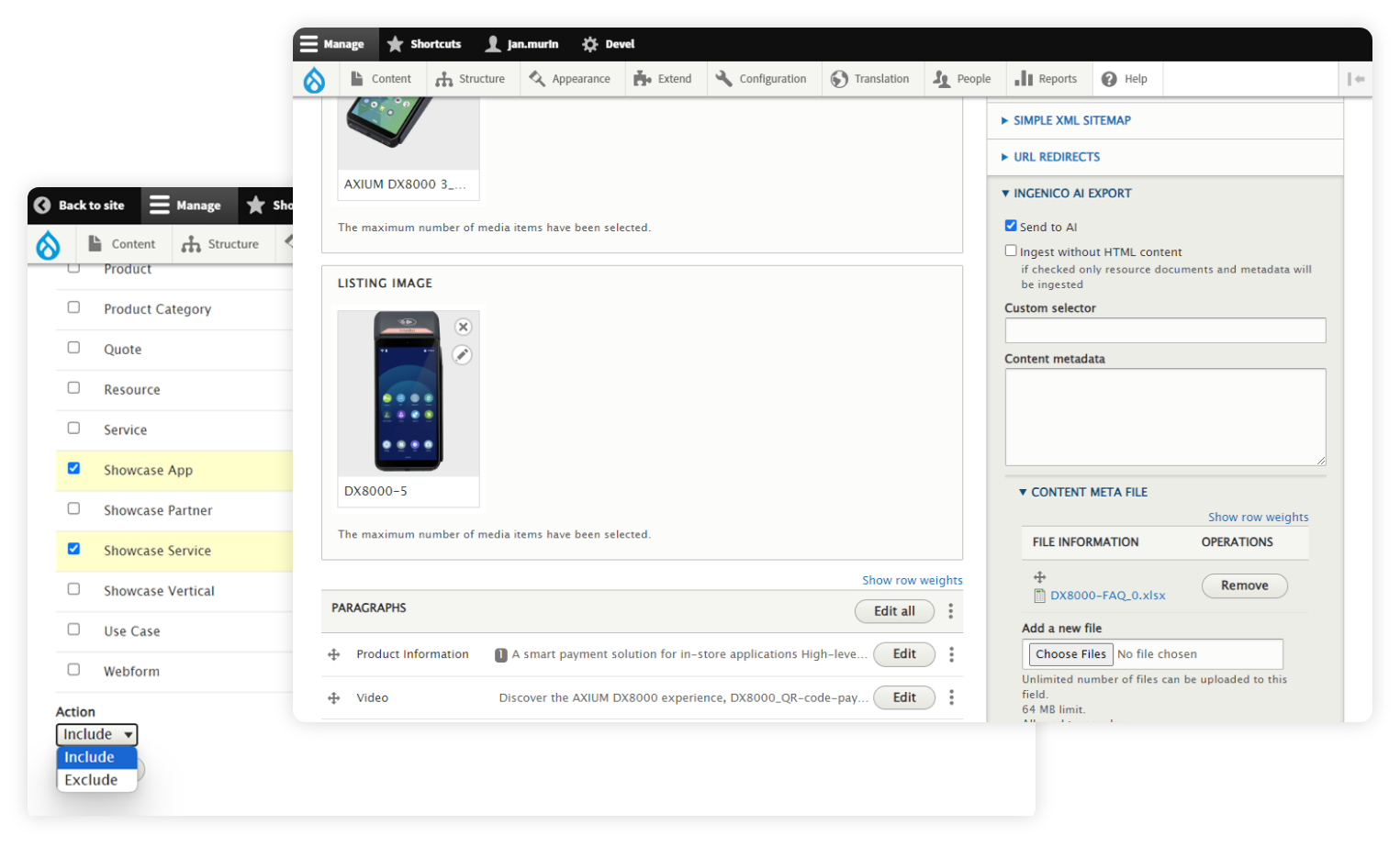 The Ragsense export settings inside the Drupal content editor