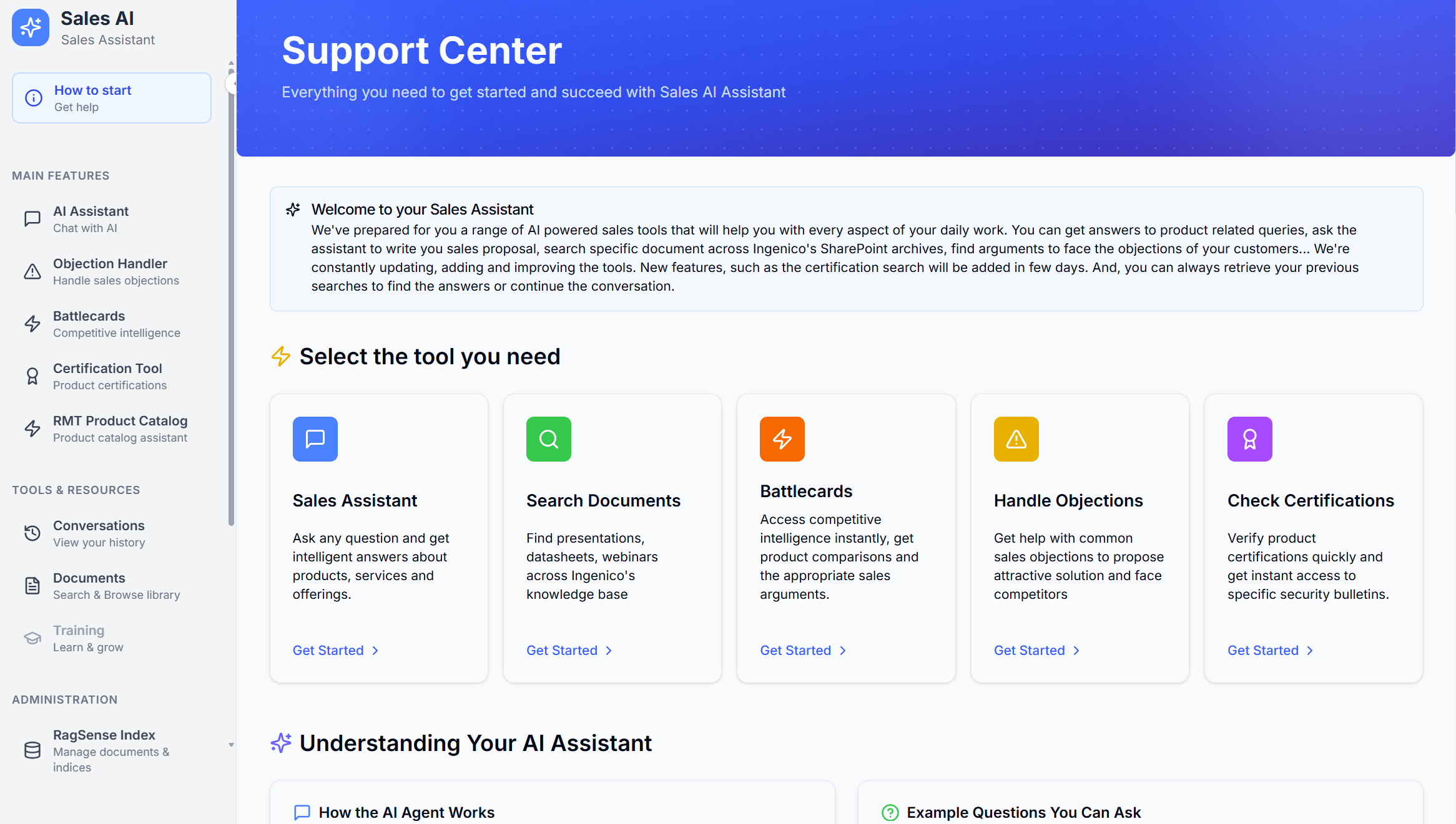 The Sales AI Support Center listing five tools: Sales Assistant, Search Documents, Battlecards, Handle Objections and Check Certifications