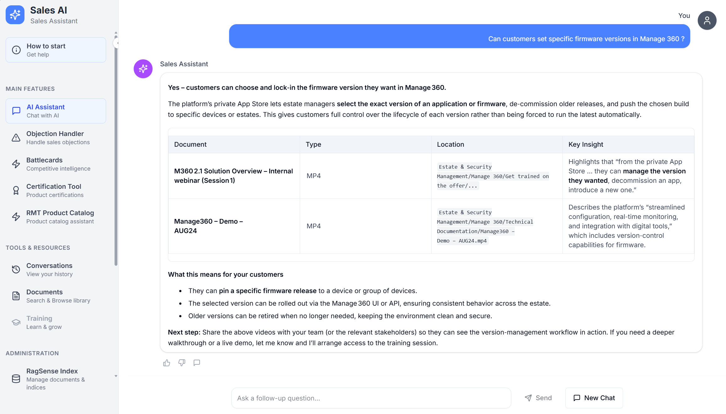 The Sales AI assistant answering a product question, with the source documents and key insights listed in a table