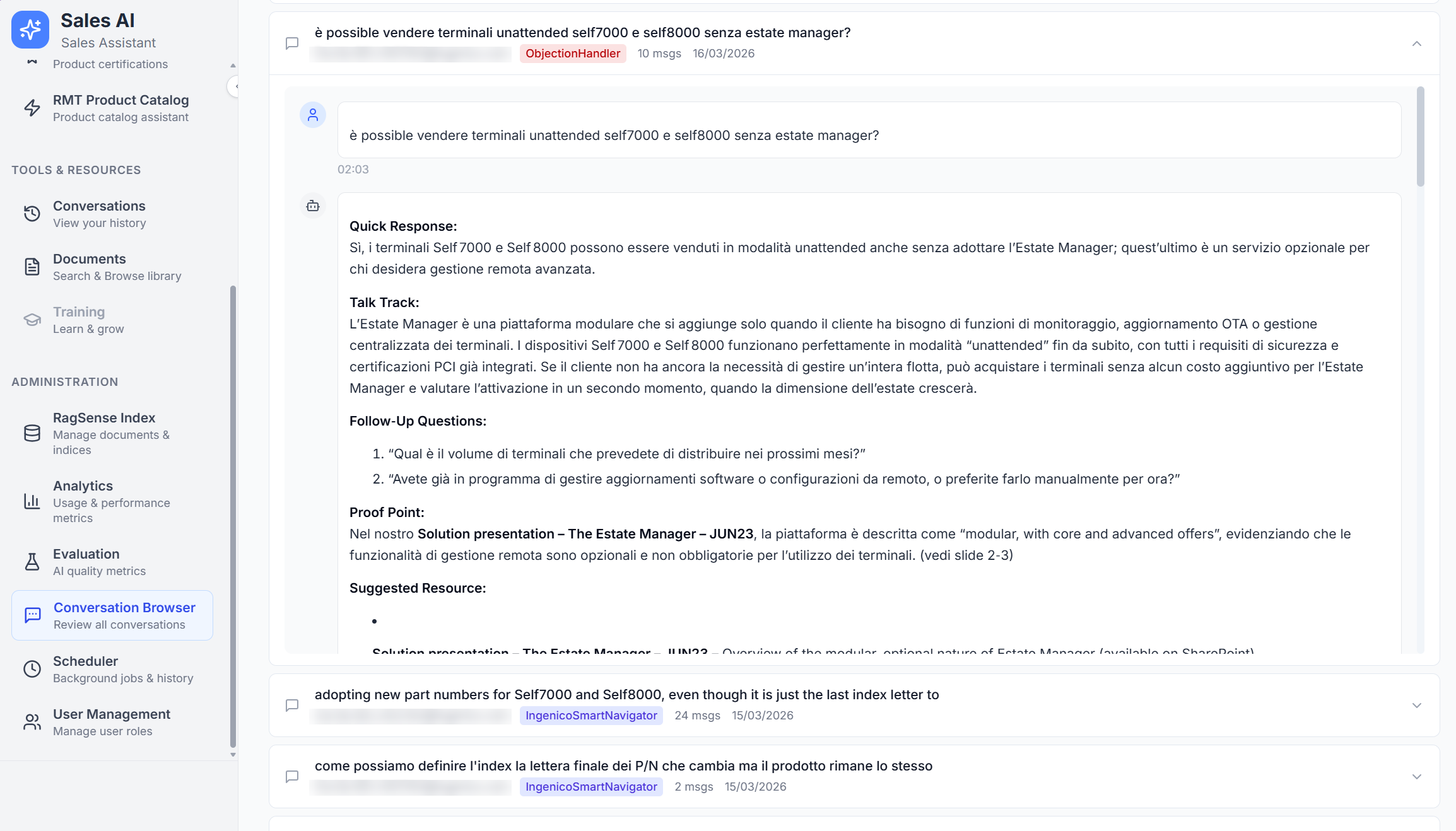 An Objection Handler answer in Italian with a quick response, talk track, follow-up questions and proof point
