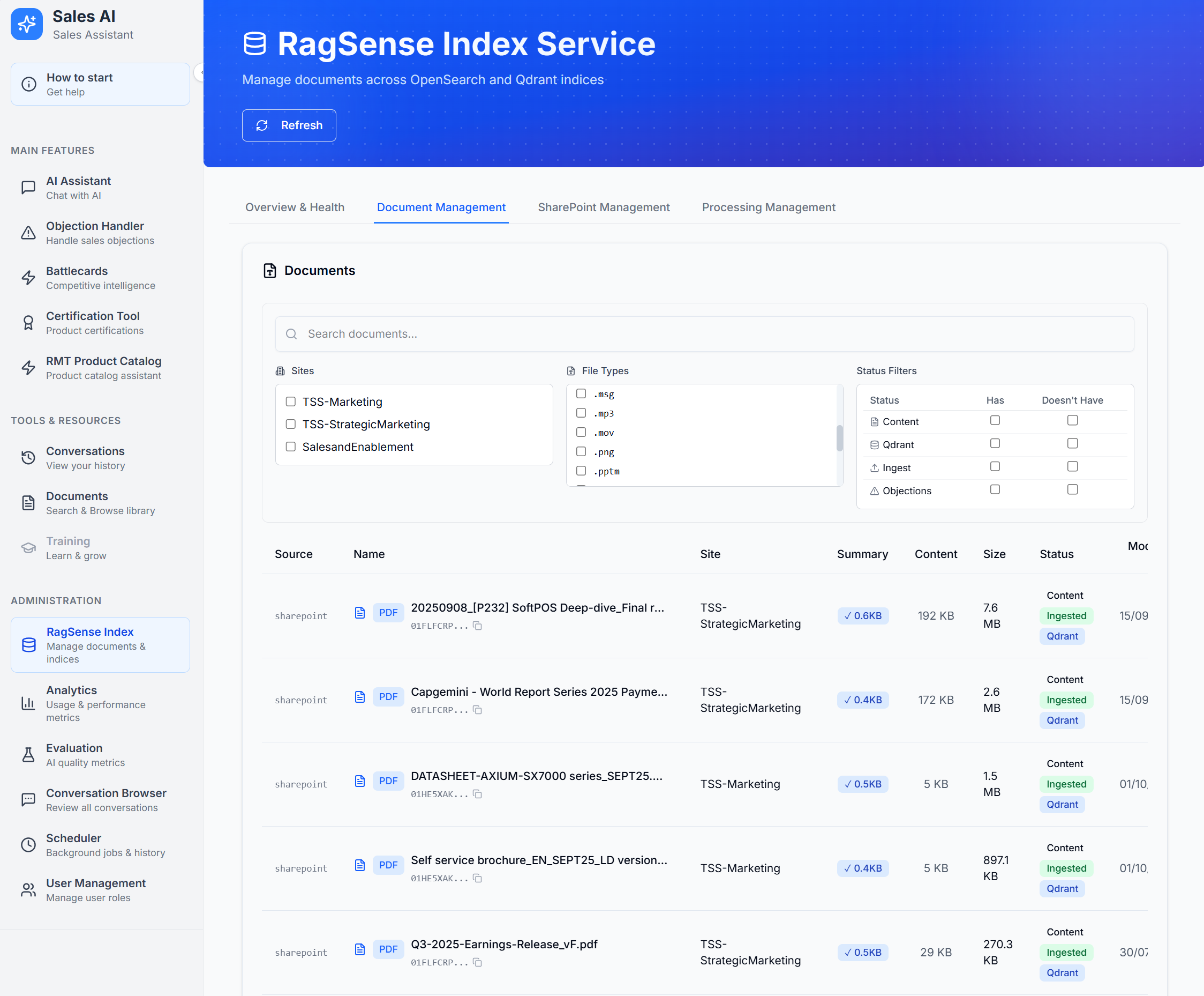 The Ragsense Index Service listing SharePoint documents with their ingestion and Qdrant indexing status