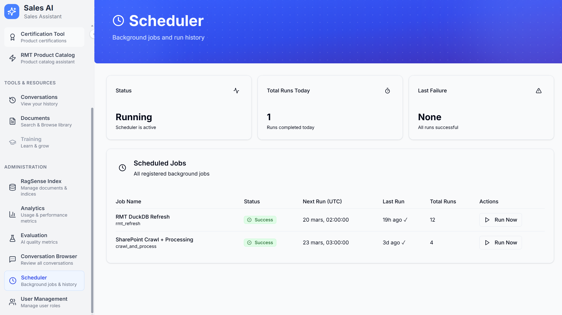 The scheduler showing the SharePoint crawl and catalog refresh jobs with their status and next run