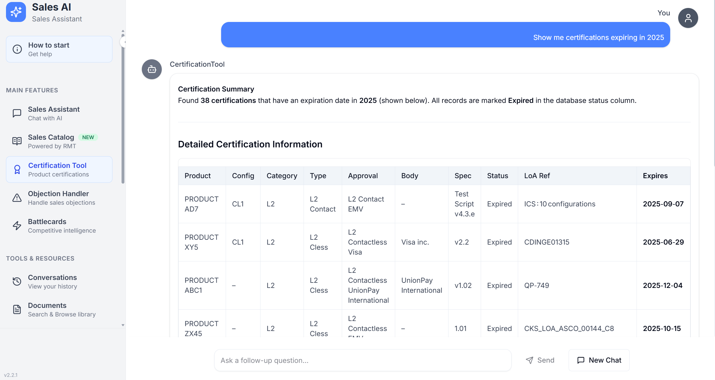 The Certification Tool listing certifications expiring in 2025 with product, approval, body and expiry date