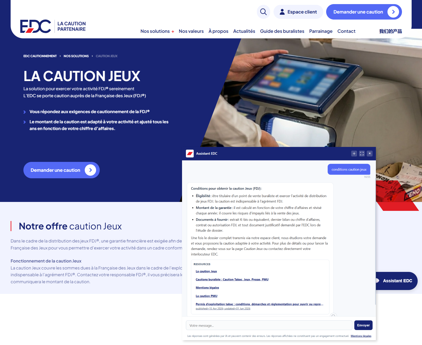 The EDC AI assistant explaining the conditions of the gaming guarantee on eurocaution.net