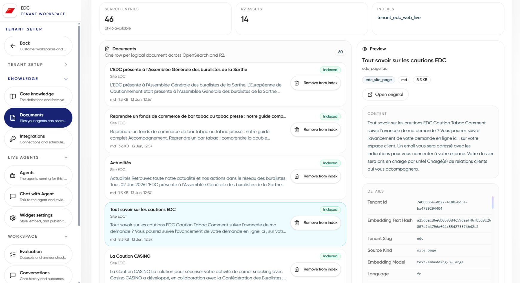 The EDC tenant workspace in Ragsense listing indexed documents with a content preview