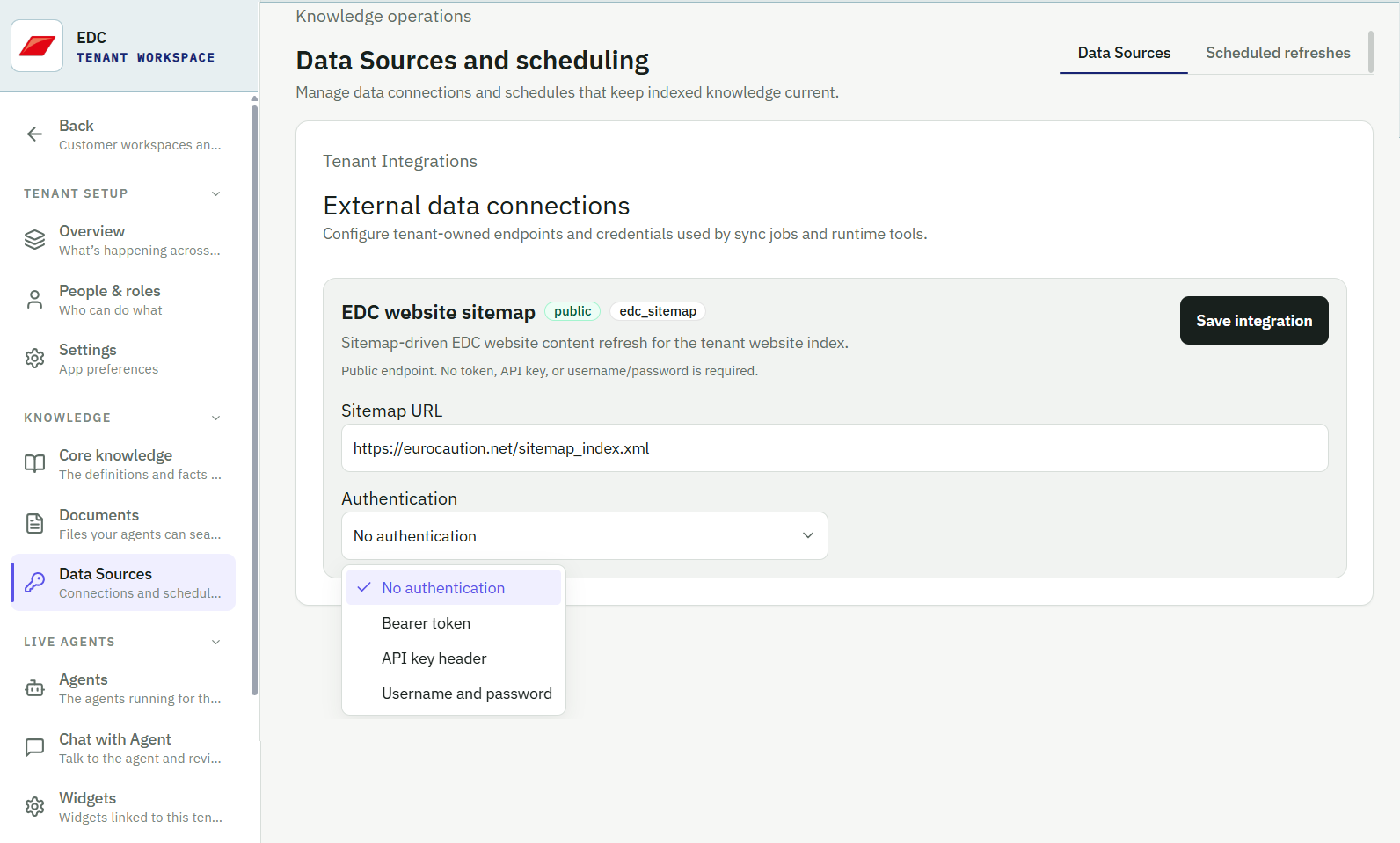 The Ragsense data sources screen with the EDC website sitemap integration