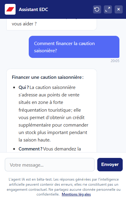The EDC Assistant explaining how to finance a seasonal guarantee