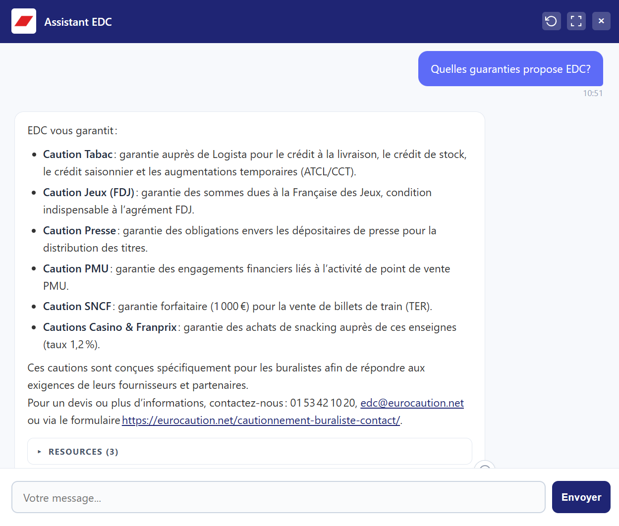 The EDC Assistant listing the guarantees EDC offers to tobacconists