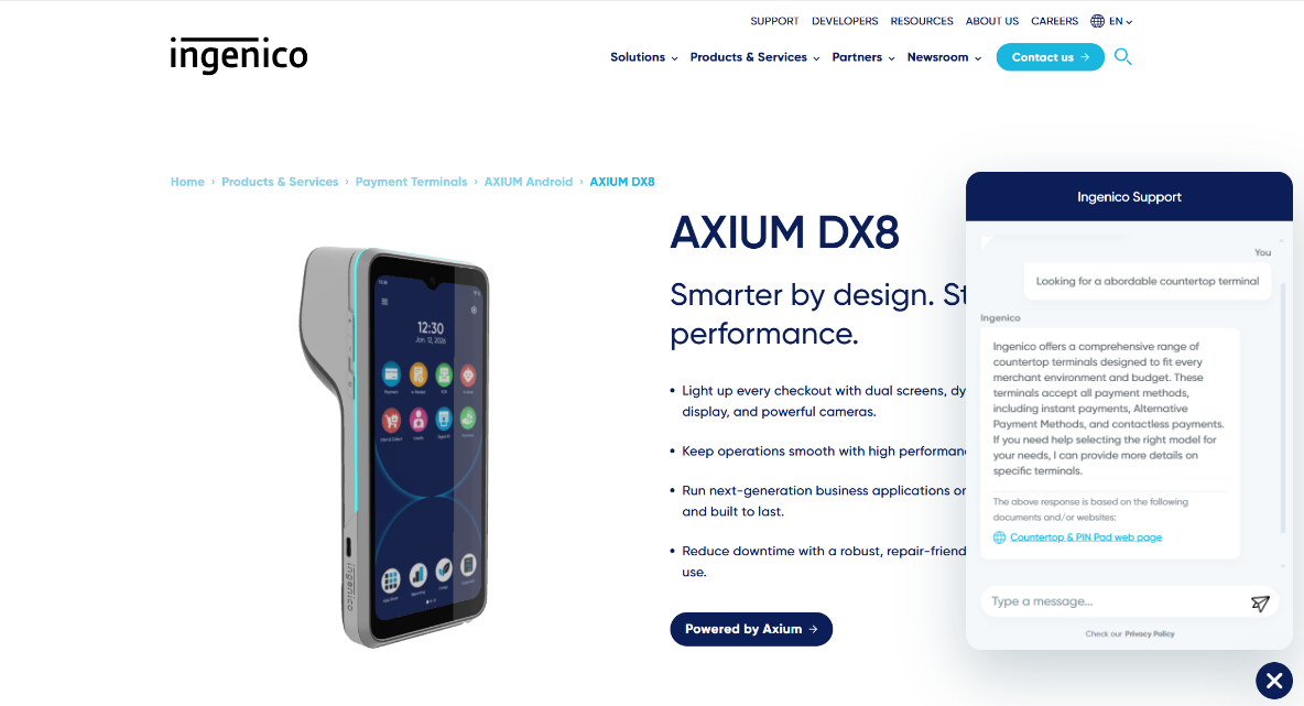 The Ragsense assistant answering a question on an Ingenico product page