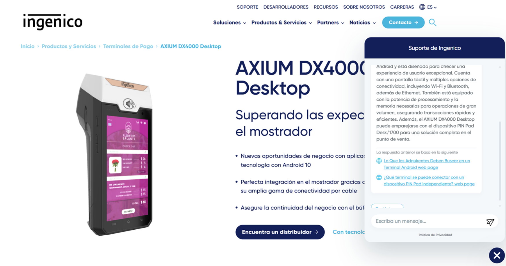 The Ragsense assistant embedded in an Ingenico product page
