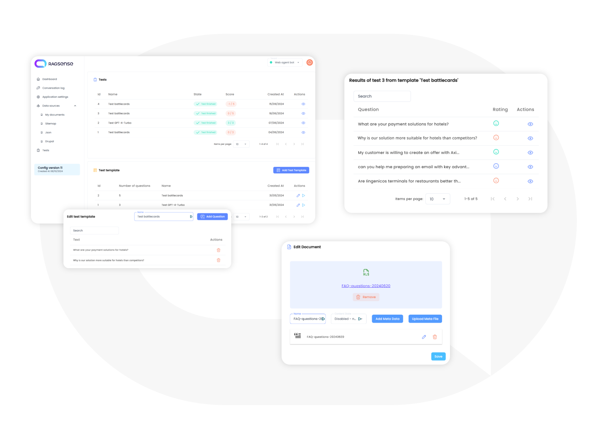 The Ragsense testing interface showing test runs and per-question ratings