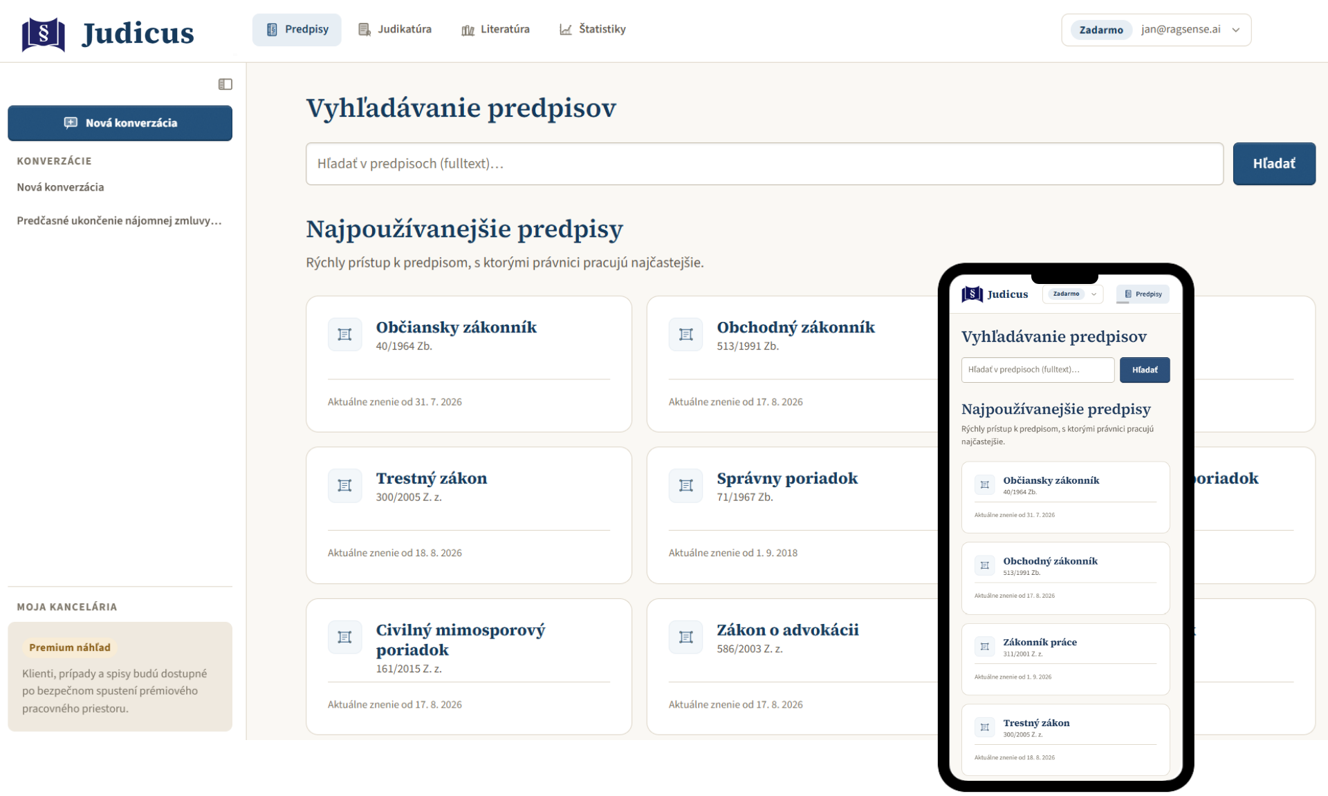Judicus legislation search on desktop and mobile: full-text search and the most used Slovak codes, each with the date of its current version