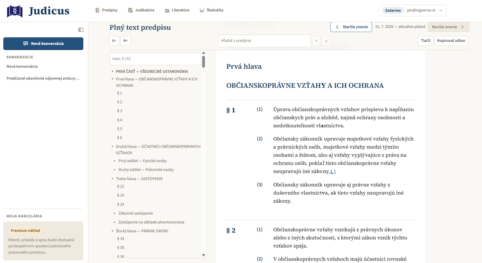 Full text of the Slovak Civil Code with its table of contents and buttons to step to the older and newer versions of the text