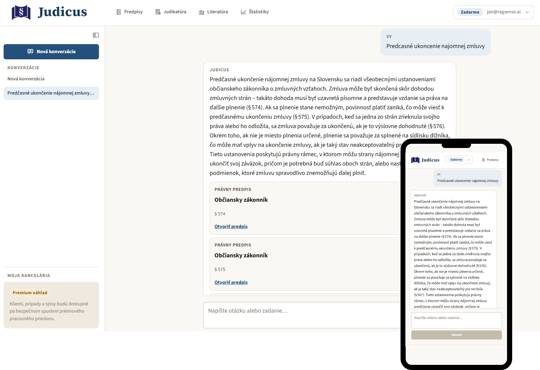 The Judicus assistant answering a question on the early termination of a lease, citing sections 574 and 575 of the Civil Code, on desktop and mobile