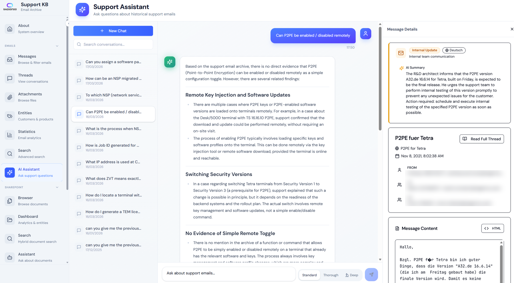 The Support Assistant answering a technical question in English from German emails, with the source message, its AI summary and the full thread