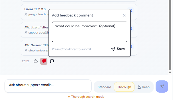 A thumbs-down on an answer opens a comment box asking what could be improved