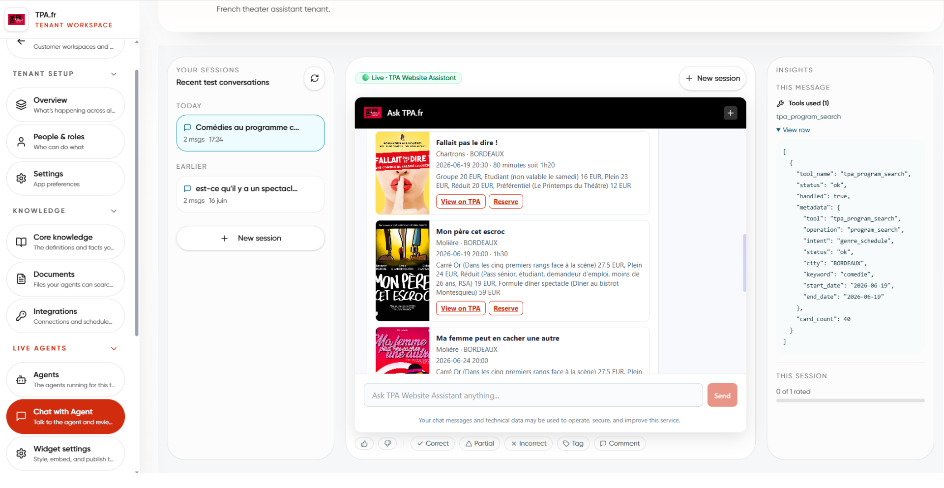 The Ragsense playground previewing an answer with its metadata
