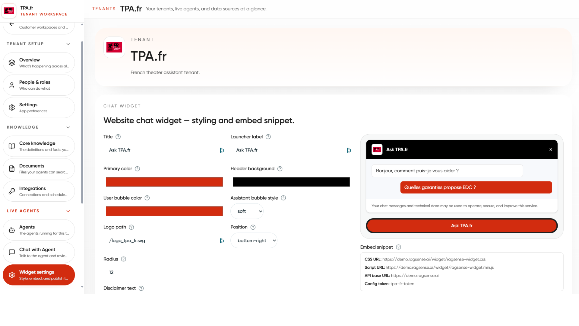 The Ragsense widget settings with TPA brand colors and live preview