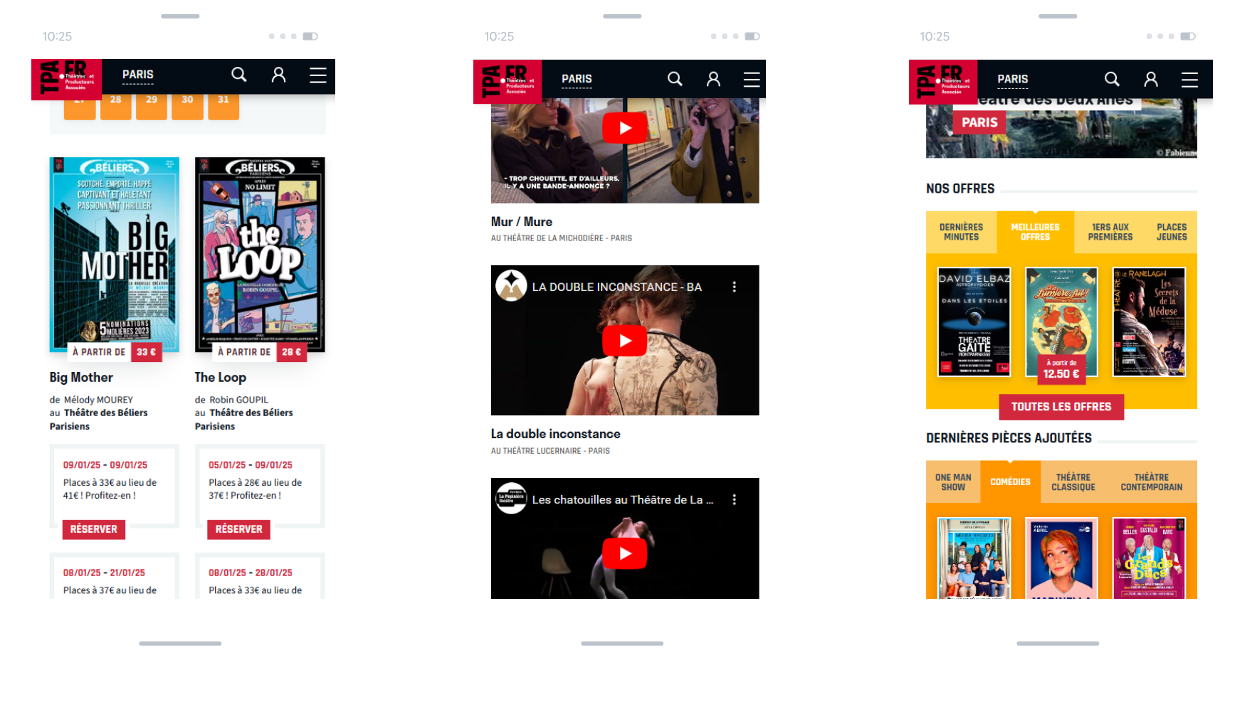 The tpa.fr portal on three mobile screens: show listings, videos and offers