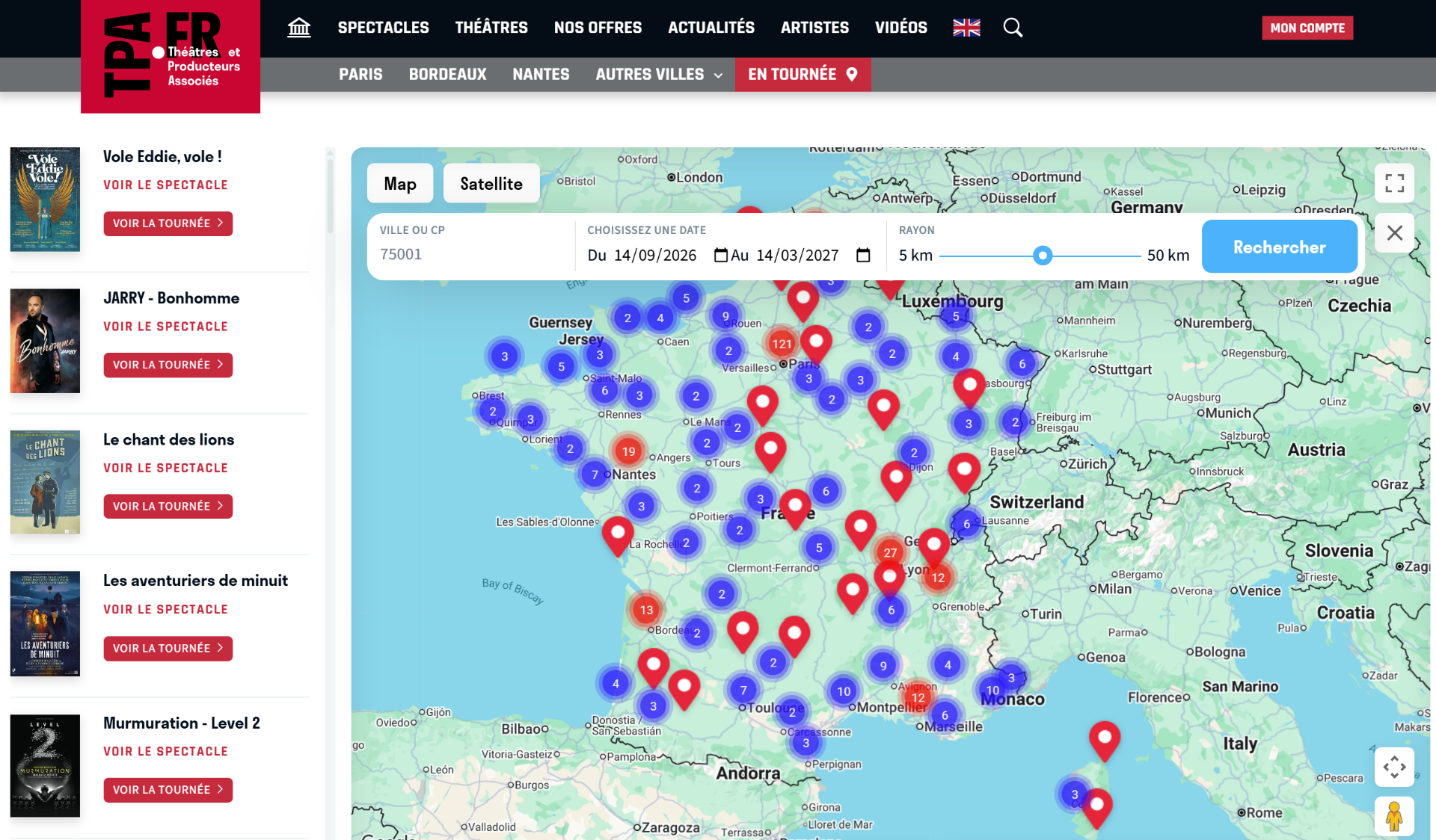 The tpa.fr touring map of shows across France