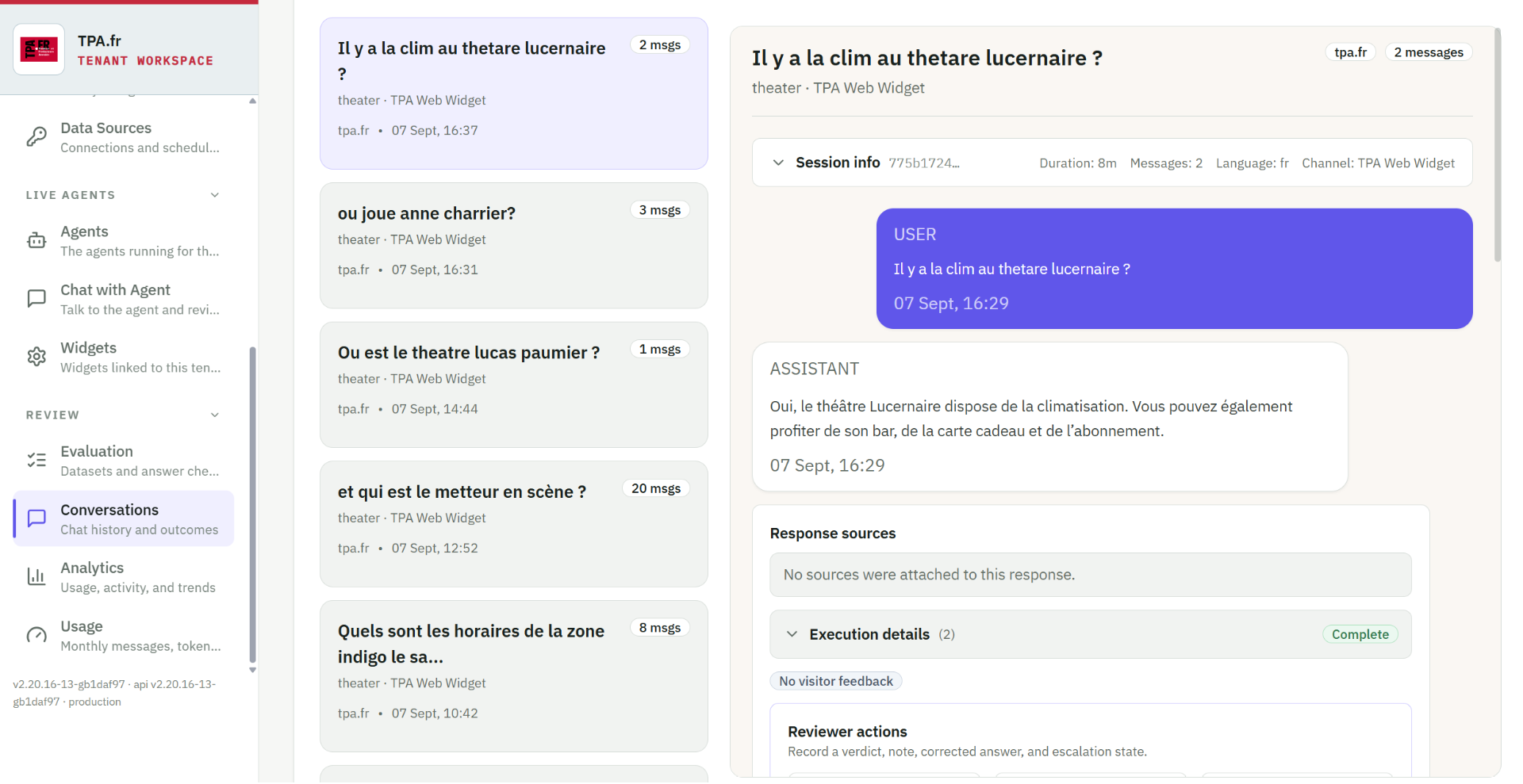 The Ragsense conversation log with a visitor question and its answer